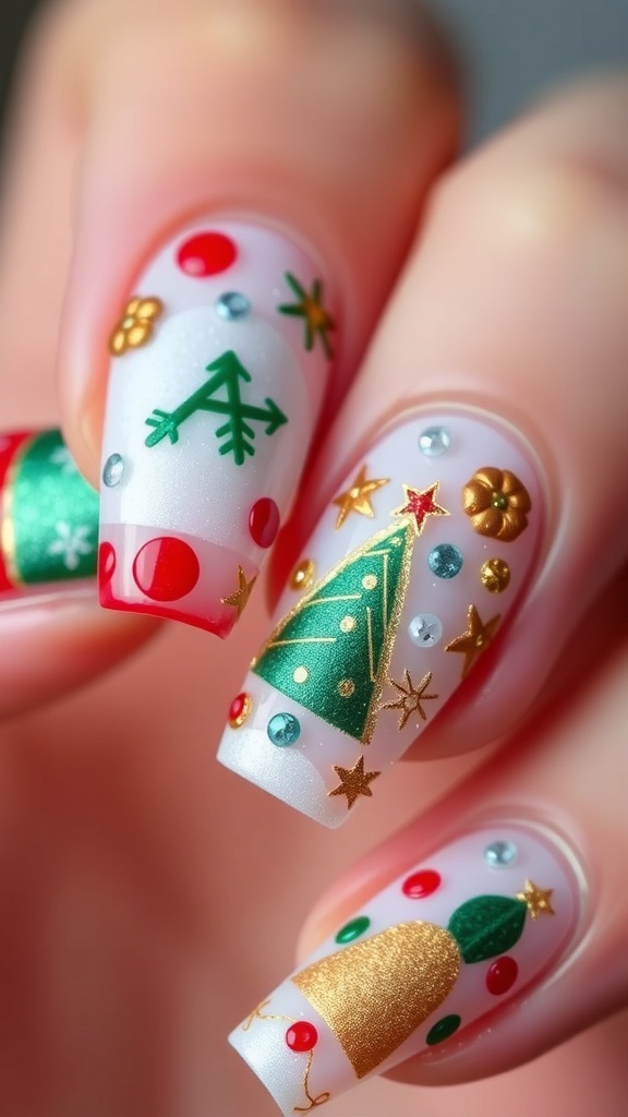 Festive Acrylic Christmas Nails Design Acrylic Christmas nails with festive designs in red, green, and gold, featuring snowflakes and Christmas trees.